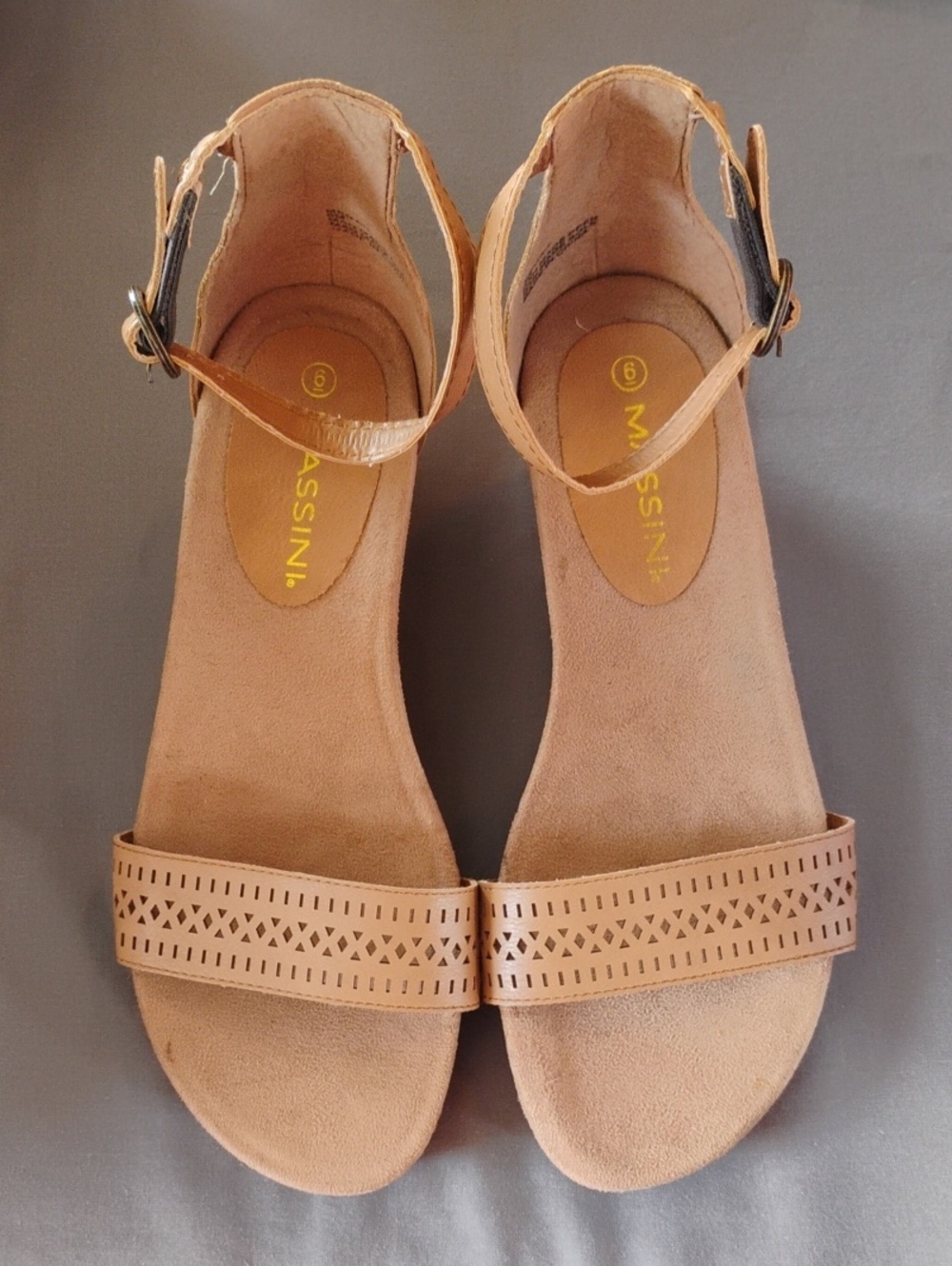 Massini Tan Perforated Front Band Ankle-Strap Sandals